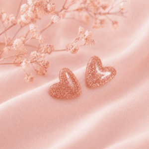 Boucles d'oreilles forme coeur, couleur rose pailleté irisé. Petites boucles légères à porter